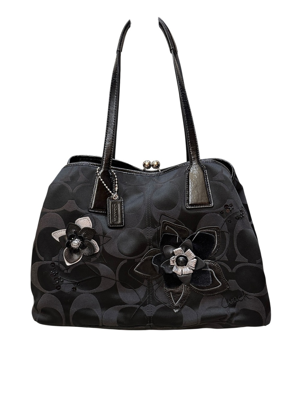 Coach Y2K Black Signature Sateen Floral Appliqué Kisslock Tote Shoulder Bag